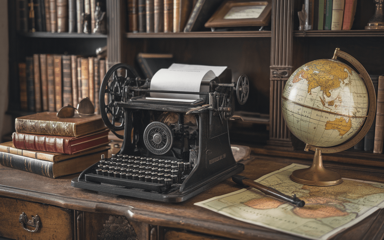 Vieille machine à écrire et livres anciens en cuir sur un bureau en bois avec globe terrestre vintage, idéal pour créer un blog inspiré par l'histoire et l'exploration.