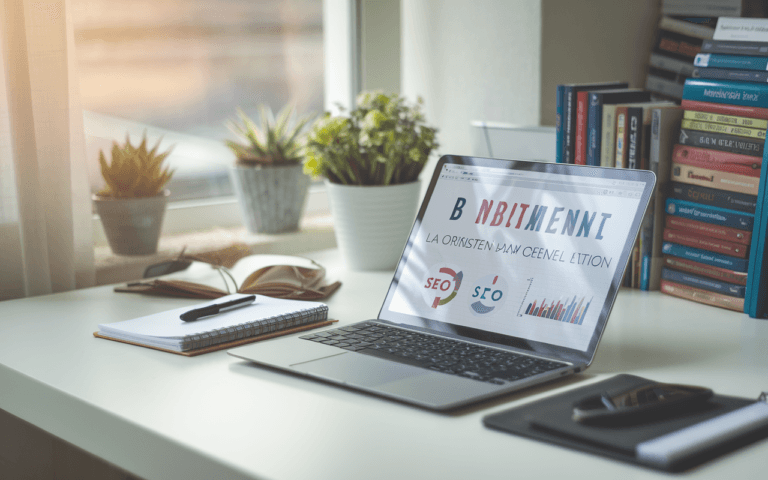Scène de bureau moderne avec ordinateur affichant logiciel et mots-clés pour optimisation SEO, symbolisant le travail d'un rédacteur seo, carnet et stylo à côté, livres de marketing numérique en arrière-plan flou.