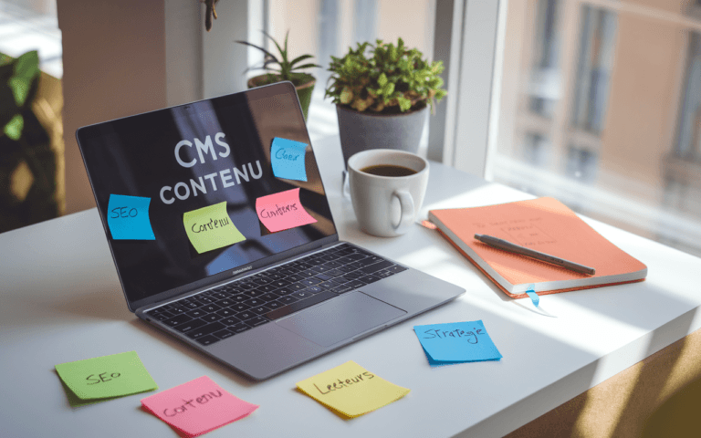 Espace de travail moderne pour rédaction articles SEO avec ordinateur affichant CMS, notes SEO et ambiance créative.