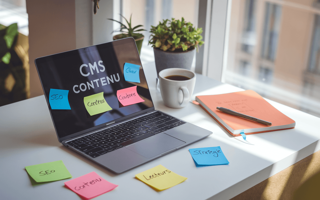 Espace de travail moderne pour rédaction articles SEO avec ordinateur affichant CMS, notes SEO et ambiance créative.