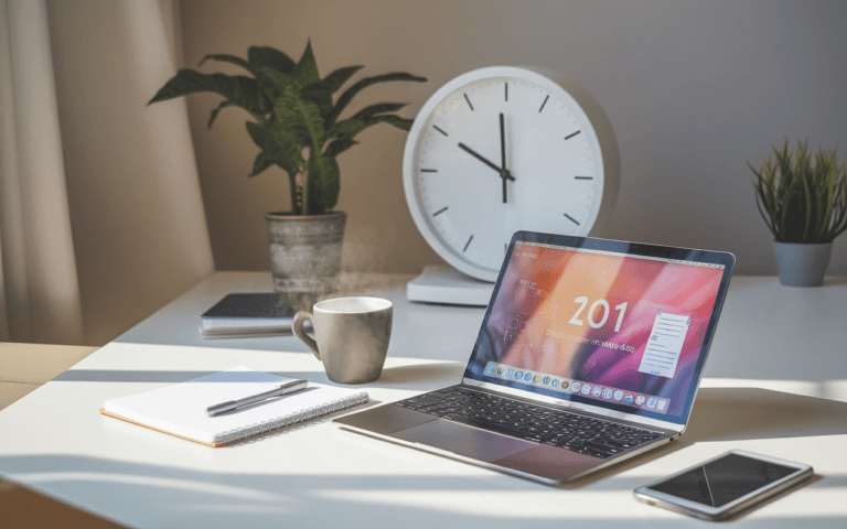 Bureau moderne et épuré de rédacteur SEO avec ordinateur portable sur outil de gestion du temps, carnet, stylo, café, et grande horloge pour une ambiance productive.
