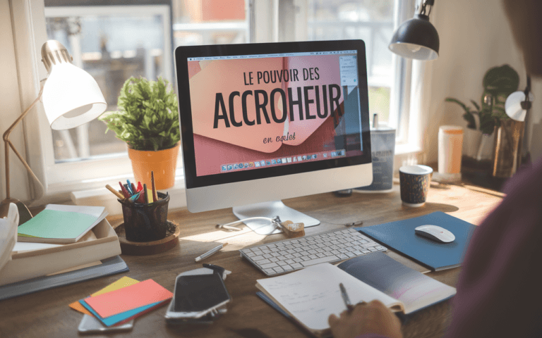 Scène de bureau moderne avec ordinateur portable affichant un titre accrocheur en rédaction articles SEO, entouré de notes autocollantes, carnet de rédaction et tasse de café.