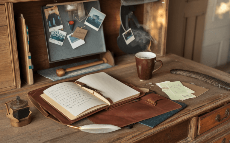 Bureau en bois ancien avec carnet en cuir, café fumant, plume et encrier, idéal pour créer un blog.