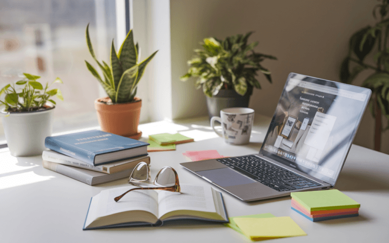 Bureau lumineux de rédacteur SEO avec laptop, livres, lunettes, café, post-its colorés et plante verte.