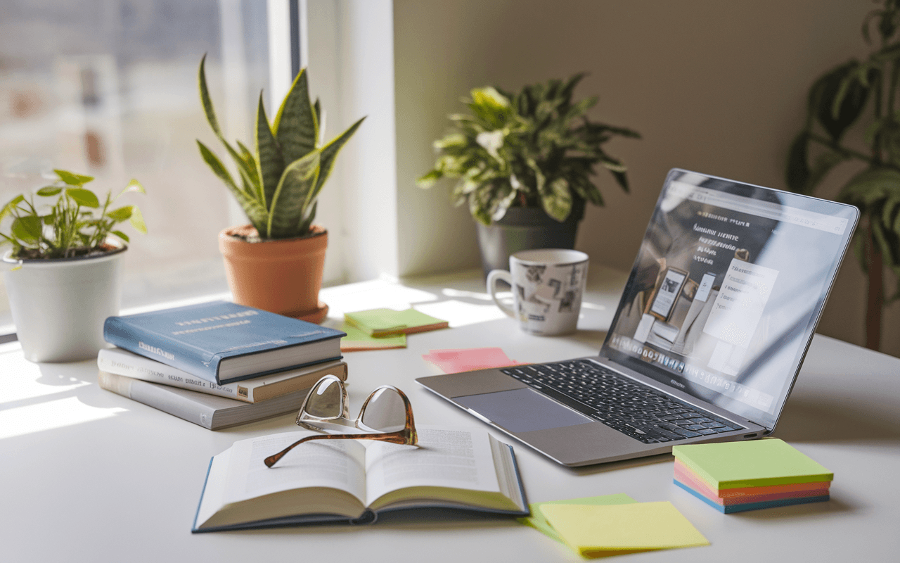 Bureau lumineux de rédacteur SEO avec laptop, livres, lunettes, café, post-its colorés et plante verte.