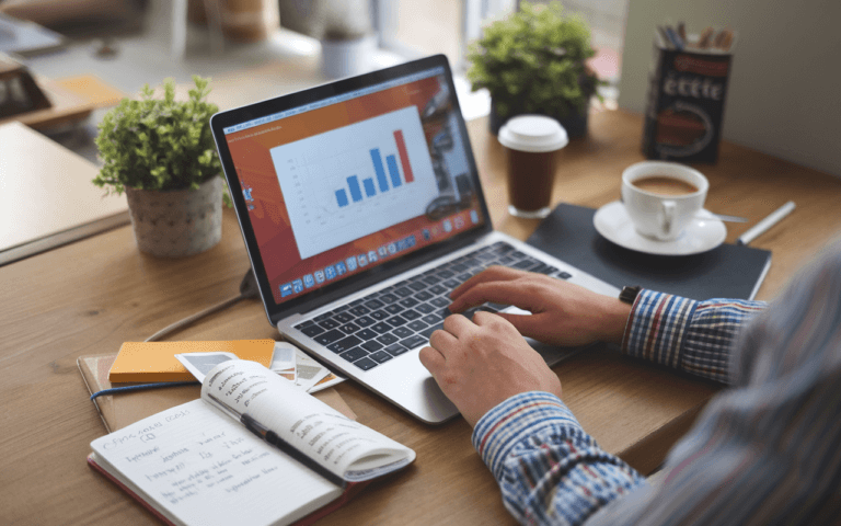 Scène de bureau moderne montrant un ordinateur portable avec graphiques de trafic web, carnet de mots-clés, et mains tapant, illustrant la rédaction articles SEO.