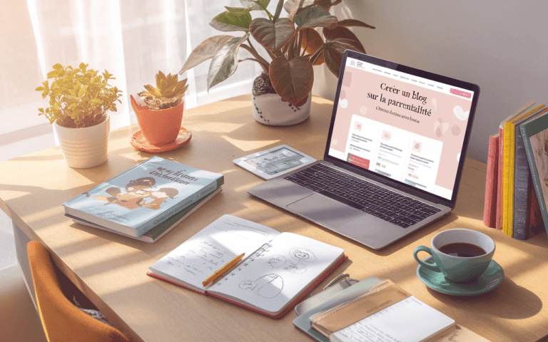 Illustration d'un bureau organisé avec ordinateur affichant une page de blog, entouré de livres sur l'éducation des enfants, tasse de café, carnet et plante, idéal pour créer un blog sur la parentalité.
