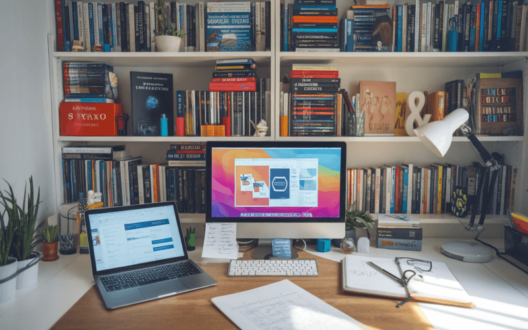 Bureau moderne avec ordinateur portable et carnet, idéal pour un rédacteur SEO, ambiance créative et inspirante.