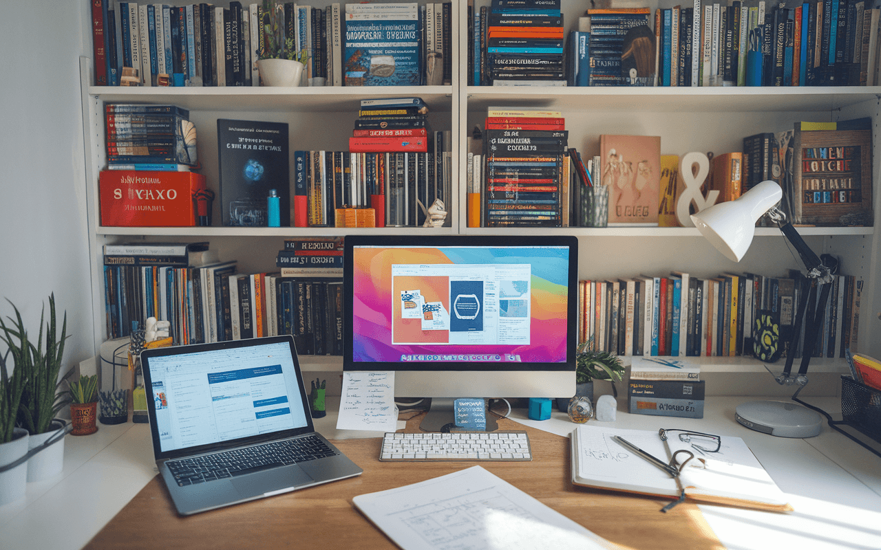 Bureau moderne avec ordinateur portable et carnet, idéal pour un rédacteur SEO, ambiance créative et inspirante.