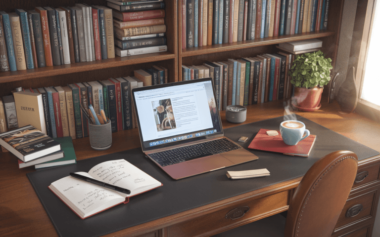 Bureau vintage avec un ordinateur portable affichant un blog, bibliothèque remplie de livres, carnet ouvert pour créer un blog dans une ambiance cosy.