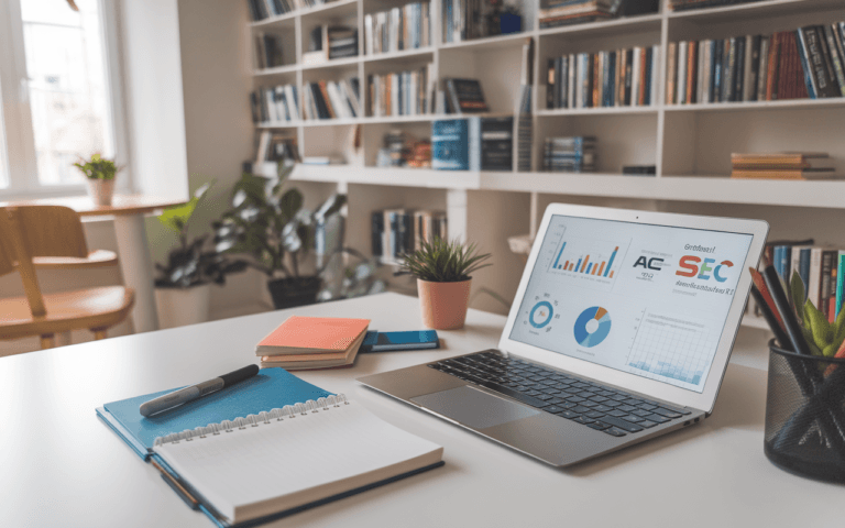 Image d'un bureau moderne avec ordinateur affichant des graphiques SEO, carnet et stylo, évoquant la transition de rédacteur SEO à consultant, sur fond de bibliothèque marketing digital.