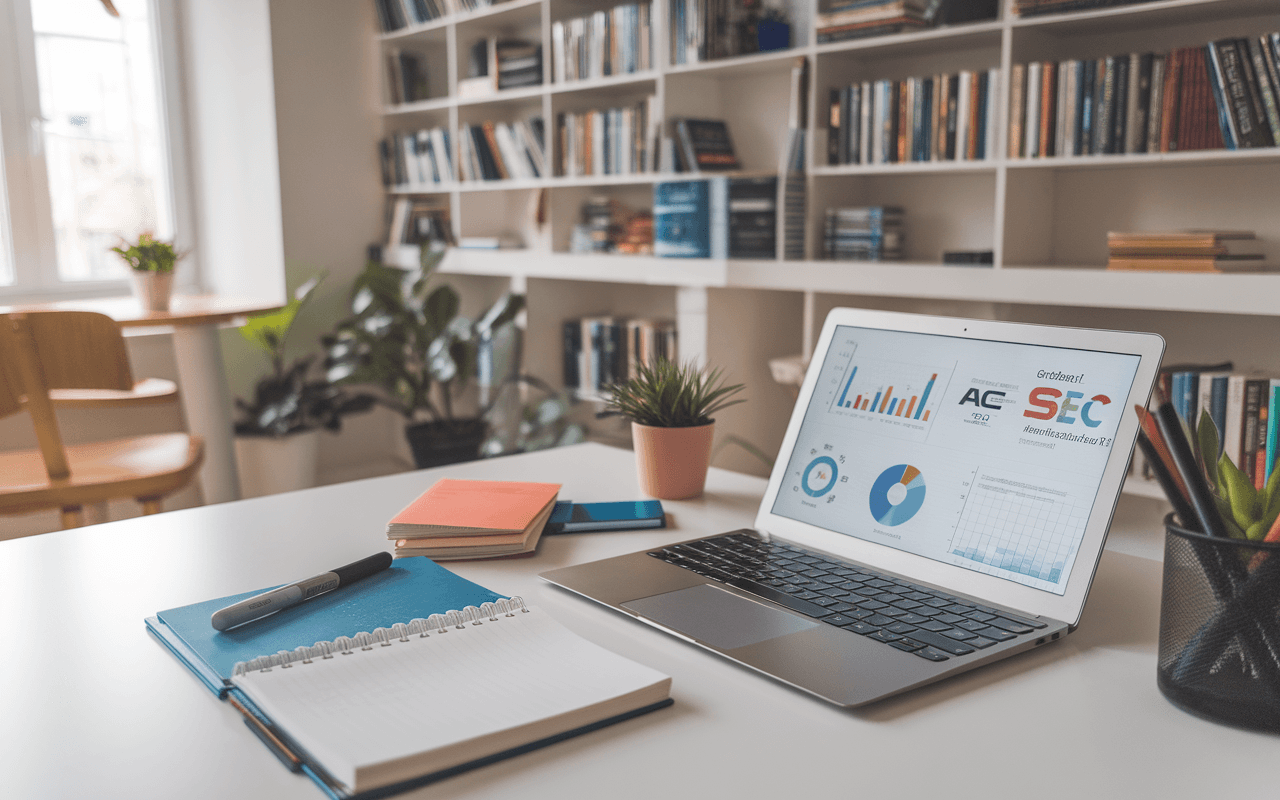 Image d'un bureau moderne avec ordinateur affichant des graphiques SEO, carnet et stylo, évoquant la transition de rédacteur SEO à consultant, sur fond de bibliothèque marketing digital.