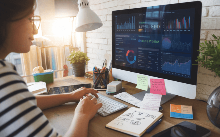 Personne concentrée travaillant à un bureau avec des graphiques analytiques visibles sur l'écran, illustrant la rédaction articles SEO; environnée de divers outils numériques et un carnet de notes avec schémas et mots-clés.