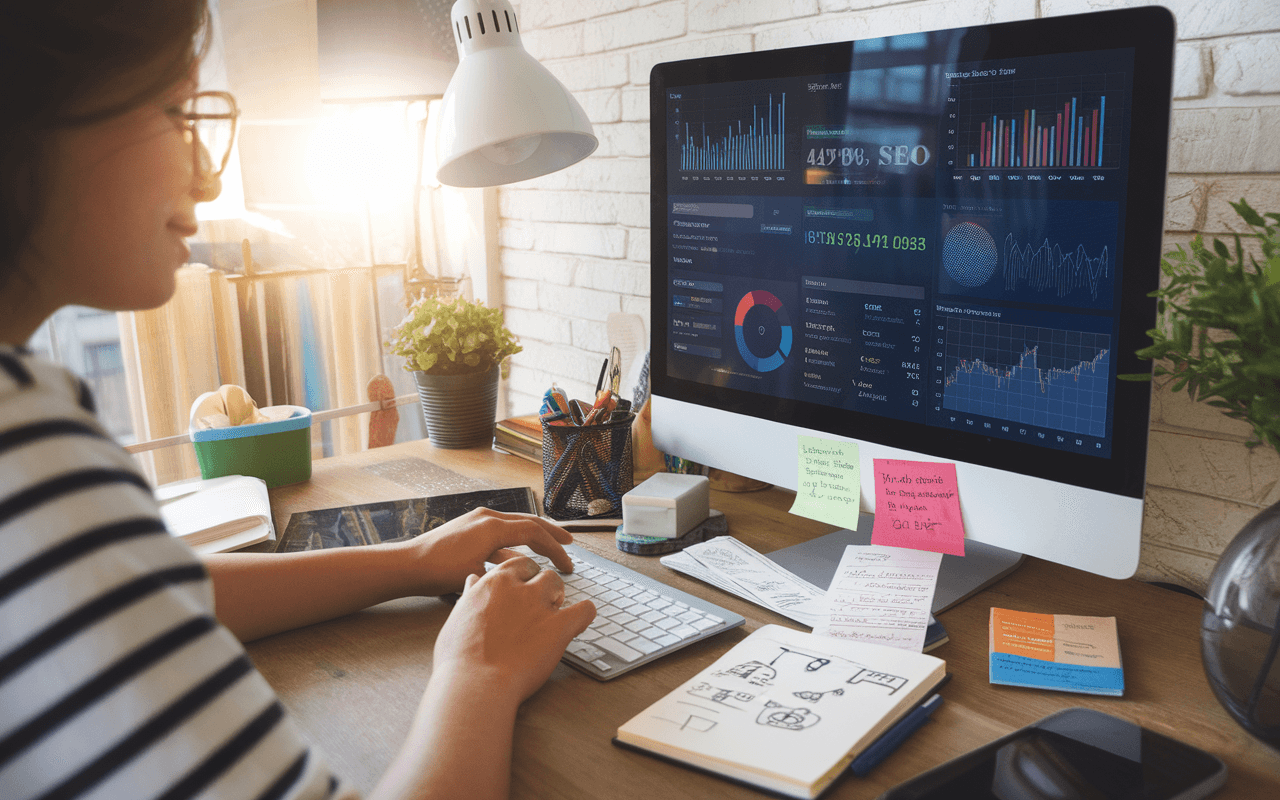 Personne concentrée travaillant à un bureau avec des graphiques analytiques visibles sur l'écran, illustrant la rédaction articles SEO; environnée de divers outils numériques et un carnet de notes avec schémas et mots-clés.
