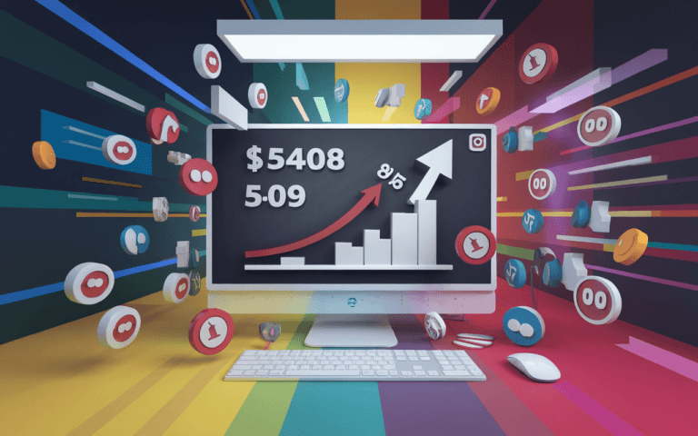 Bureau numérique avec écran affichant des statistiques de viralité, entouré d'icônes de réseaux sociaux pour symboliser l'engagement; palette vive rehaussant l'énergie des titres accrocheurs.