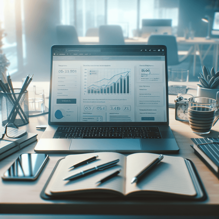 Bureau moderne et épuré avec un ordinateur affichant un tableau de bord de blog, idéal pour créer un blog. Graphiques de gains croissants, carnets, stylo, café et smartphone ajoutent dynamisme et productivité. Luminosité douce et ambiance professionnelle.