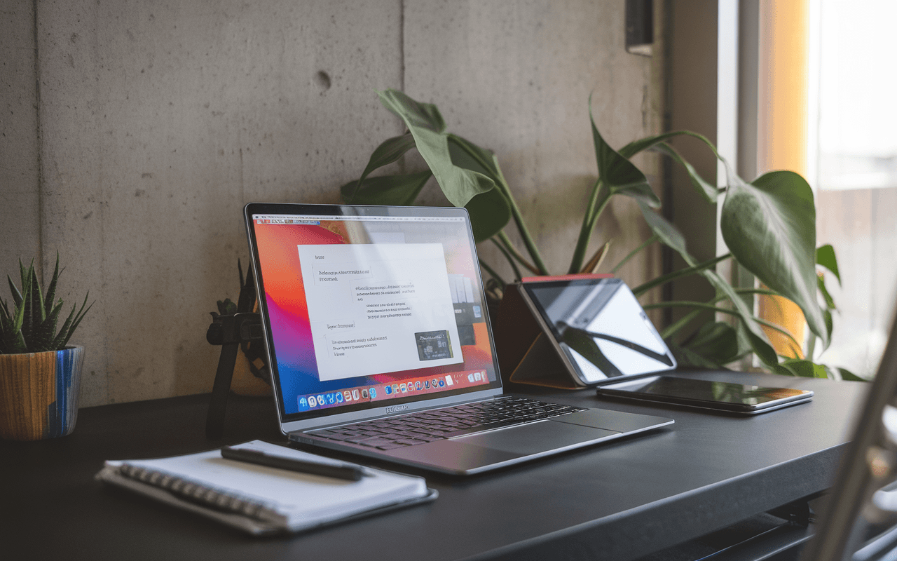 Bureau moderne et créatif avec ordinateur affichant un blog à créer, entouré d'une tablette graphique, smartphone, et carnet de notes sur fond industriel avec plante verte.