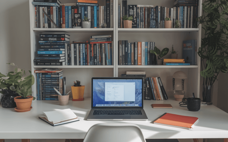 Image d'un bureau moderne avec un ordinateur portable affichant une interface de traitement de texte, accentuant l'expertise d'un rédacteur SEO. À côté, carnet et stylo, et en arrière-plan, étagère de livres sur le marketing digital et SEO. Lumière naturelle illuminant l'espace de travail.