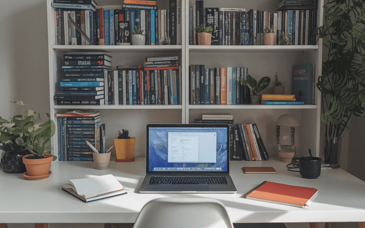 Image d'un bureau moderne avec un ordinateur portable affichant une interface de traitement de texte, accentuant l'expertise d'un rédacteur SEO. À côté, carnet et stylo, et en arrière-plan, étagère de livres sur le marketing digital et SEO. Lumière naturelle illuminant l'espace de travail.