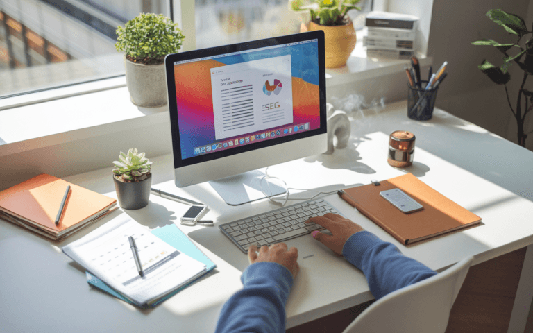 Bureau moderne de rédacteur SEO avec ordinateur portable, cahiers, stylos, café et smartphone affichant graphiques de performance.
