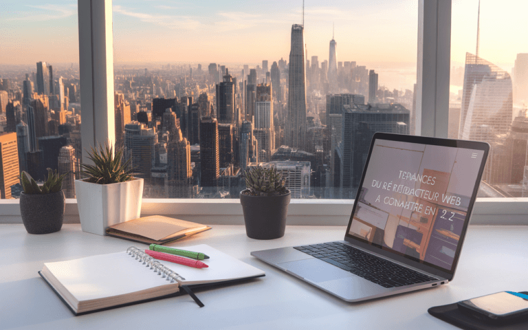 Bureau moderne avec ordinateur portable et carnet symbolisant le travail créatif et analytique d'un rédacteur web, vue sur une ville futuriste et lumière douce évoquant l'innovation et la productivité.