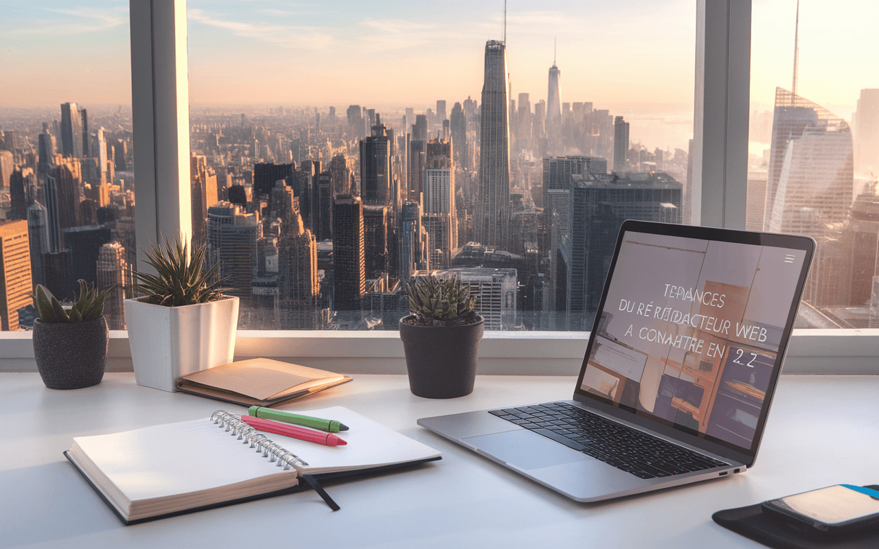 Bureau moderne avec ordinateur portable et carnet symbolisant le travail créatif et analytique d'un rédacteur web, vue sur une ville futuriste et lumière douce évoquant l'innovation et la productivité.