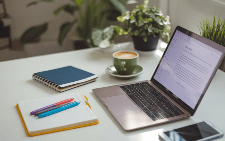 Bureau moderne avec ordinateur portable affichant un document de rédaction articles SEO, entouré de stylos colorés, carnet, smartphone, tasse de café fumant et plante verte, symbolisant concentration et efficacité dans la rédaction SEO.