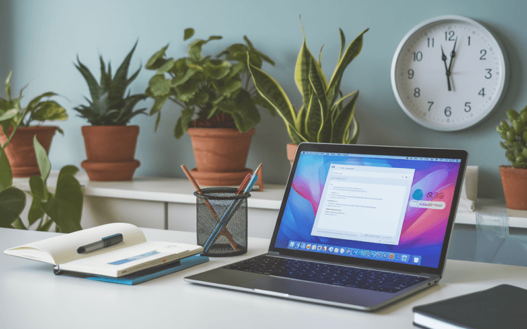 Bureau moderne avec ordinateur affichant interface de traitement de texte, carnet et stylo, symbolisant le travail d'un rédacteur seo dans un environnement professionnel et serein.