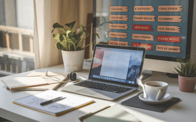 Bureau organisé avec ordinateur portable sur une page de blog, blocs-notes et idées de titres accrocheurs soulignés.