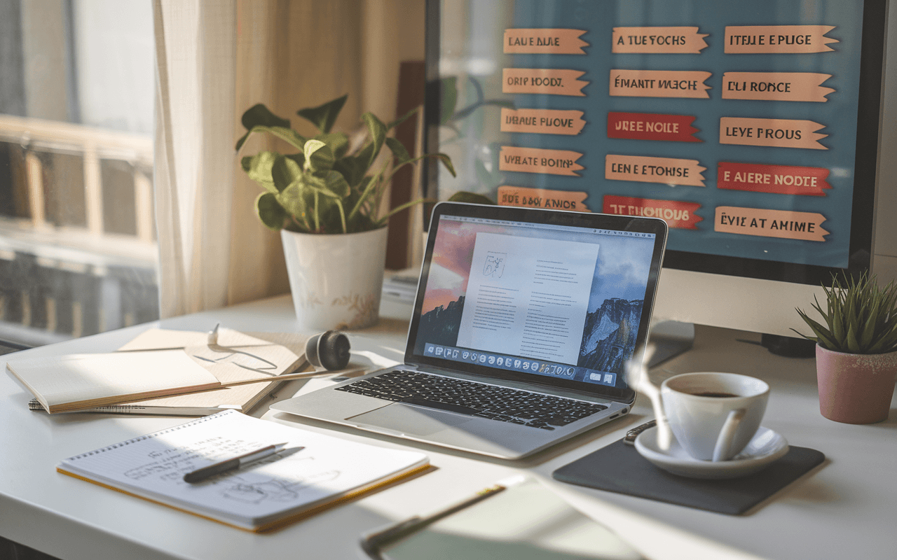 Bureau organisé avec ordinateur portable sur une page de blog, blocs-notes et idées de titres accrocheurs soulignés.