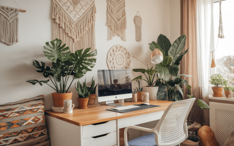 Bureau inspirant pour créer un blog, décoré de plantes, tapisseries bohèmes et lumière naturelle.
