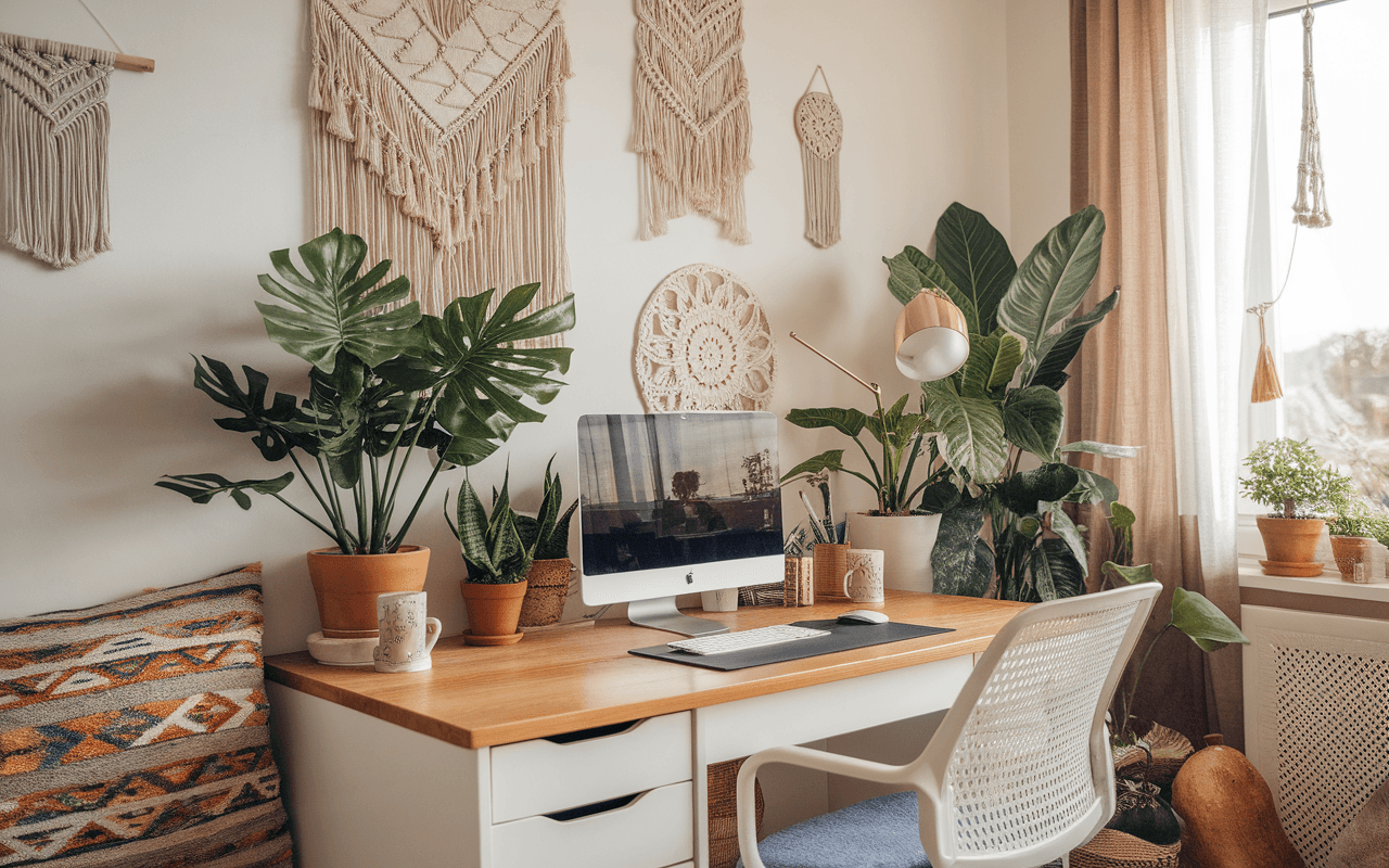 Bureau inspirant pour créer un blog, décoré de plantes, tapisseries bohèmes et lumière naturelle.