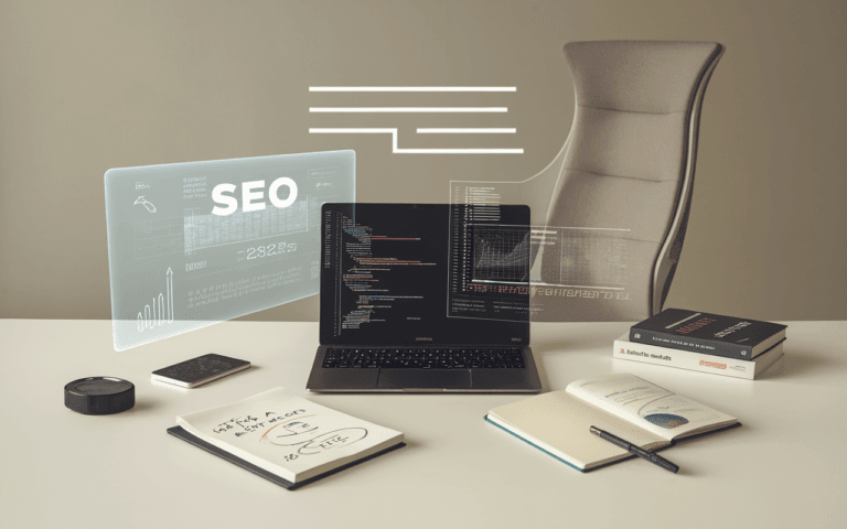 Espace de travail minimaliste et moderne en 2025 avec un rédacteur seo, incluant un ordinateur portable affichant des codes ou des analyses SEO, une interface holographique projetant des données SEO, et une chaise ergonomique futuriste. Des éléments créatifs comme un carnet avec des stratégies SEO dessinées à la main et des livres sur le marketing digital sont présents. Palette de couleurs neutre et apaisante.