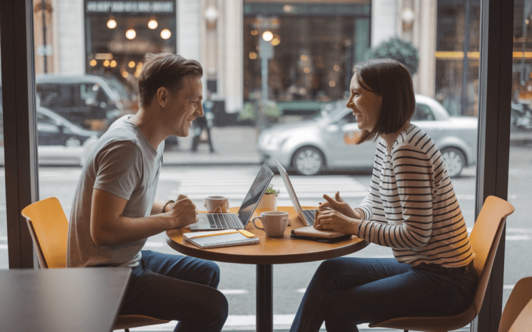 Couple collaborant pour créer un blog dans un café animé, entouré de tasses de café et de carnets, symbolisant créativité et esprit d'équipe.