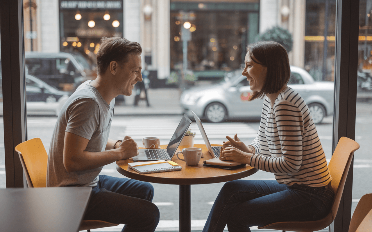 Couple collaborant pour créer un blog dans un café animé, entouré de tasses de café et de carnets, symbolisant créativité et esprit d'équipe.