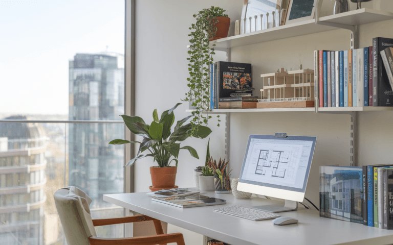 Bureau moderne avec lumière naturelle, ordinateur affichant des plans, livres sur l'architecture, maquettes et plantes vertes pour créer un blog inspiré.