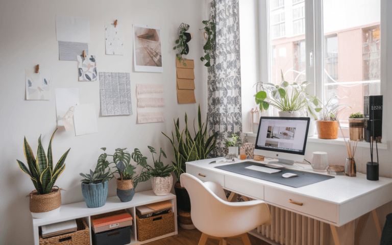 Espace de travail moderne et inspirant pour créer un blog de décoration intérieure, avec bureau décoré, ordinateur portable affichant une page de blog, plantes d'intérieur et objets tendance.