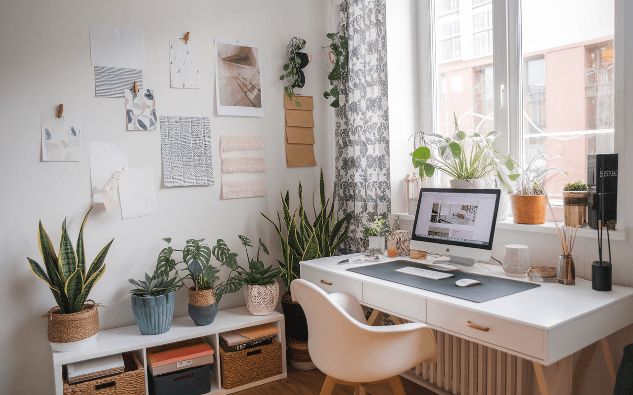 Espace de travail moderne et inspirant pour créer un blog de décoration intérieure, avec bureau décoré, ordinateur portable affichant une page de blog, plantes d'intérieur et objets tendance.