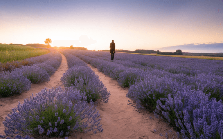 Lever de soleil sur un champ de lavande, chemin sinueux symbolisant voyage intérieur, idéal pour créer un blog sur l'épanouissement personnel.