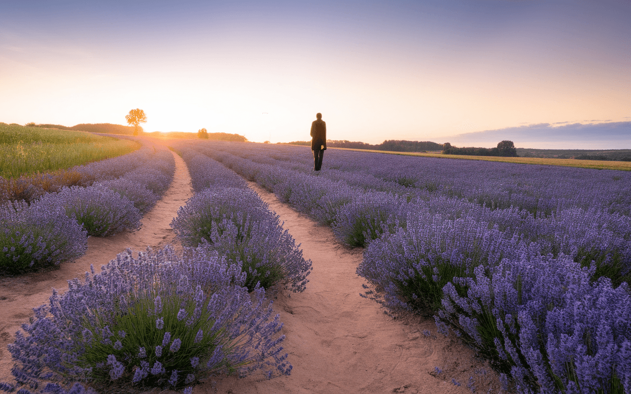 Lever de soleil sur un champ de lavande, chemin sinueux symbolisant voyage intérieur, idéal pour créer un blog sur l'épanouissement personnel.