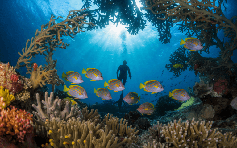 Plongeur explorant les fonds marins, entouré de poissons tropicaux colorés et de coraux, illustrant la créativité nécessaire pour créer un blog captivant sur les merveilles de l'océan.
