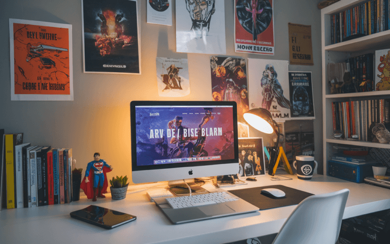 Espace de bureau moderne optimisé pour créer un blog, avec un ordinateur portable affichant une mise en page de site Web de blog sur des sujets geek, entouré d'accessoires tels qu'une figurine de super-héros, livres technologiques, et une tasse à thème geek.