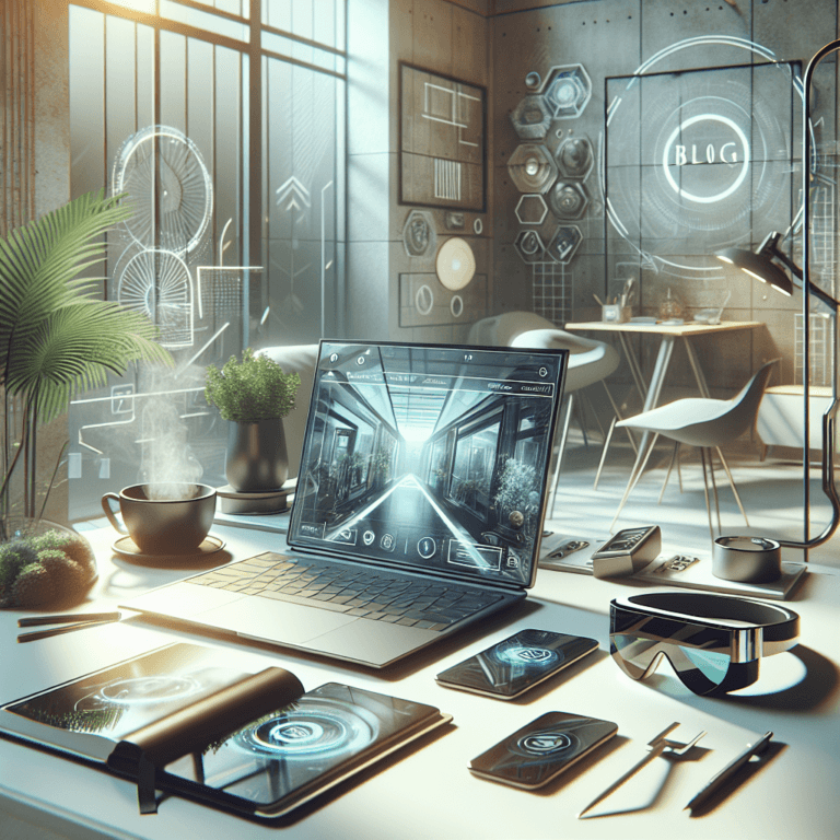 Bureau moderne avec ordinateur portable affichant un blog futuriste, idéal pour ceux qui souhaitent créer un blog; entouré de gadgets high-tech, smartphone pliable, lunettes de réalité augmentée, avec plante verte et café apportant confort et créativité, dans un environnement minimaliste et inspirant.
