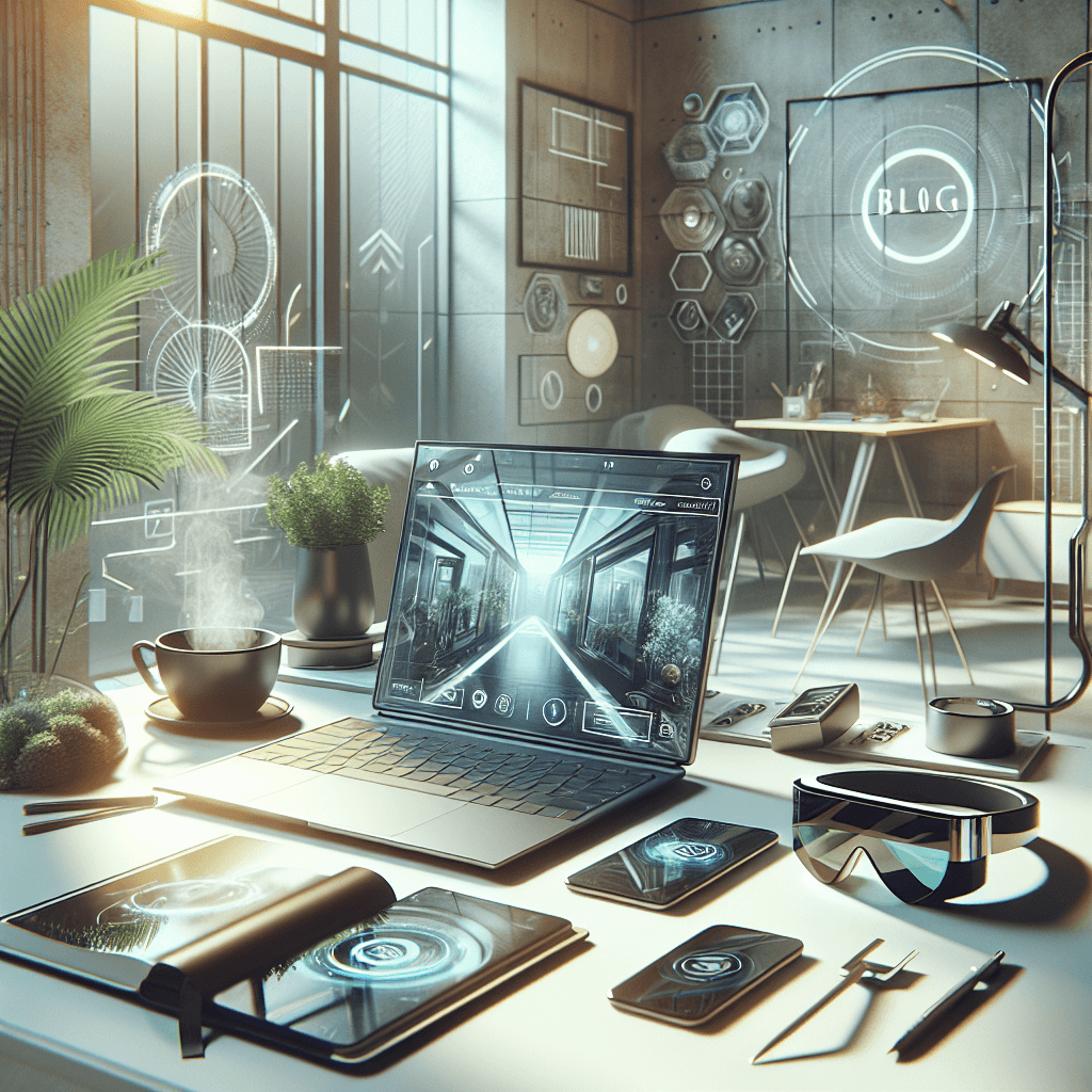 Bureau moderne avec ordinateur portable affichant un blog futuriste, idéal pour ceux qui souhaitent créer un blog; entouré de gadgets high-tech, smartphone pliable, lunettes de réalité augmentée, avec plante verte et café apportant confort et créativité, dans un environnement minimaliste et inspirant.