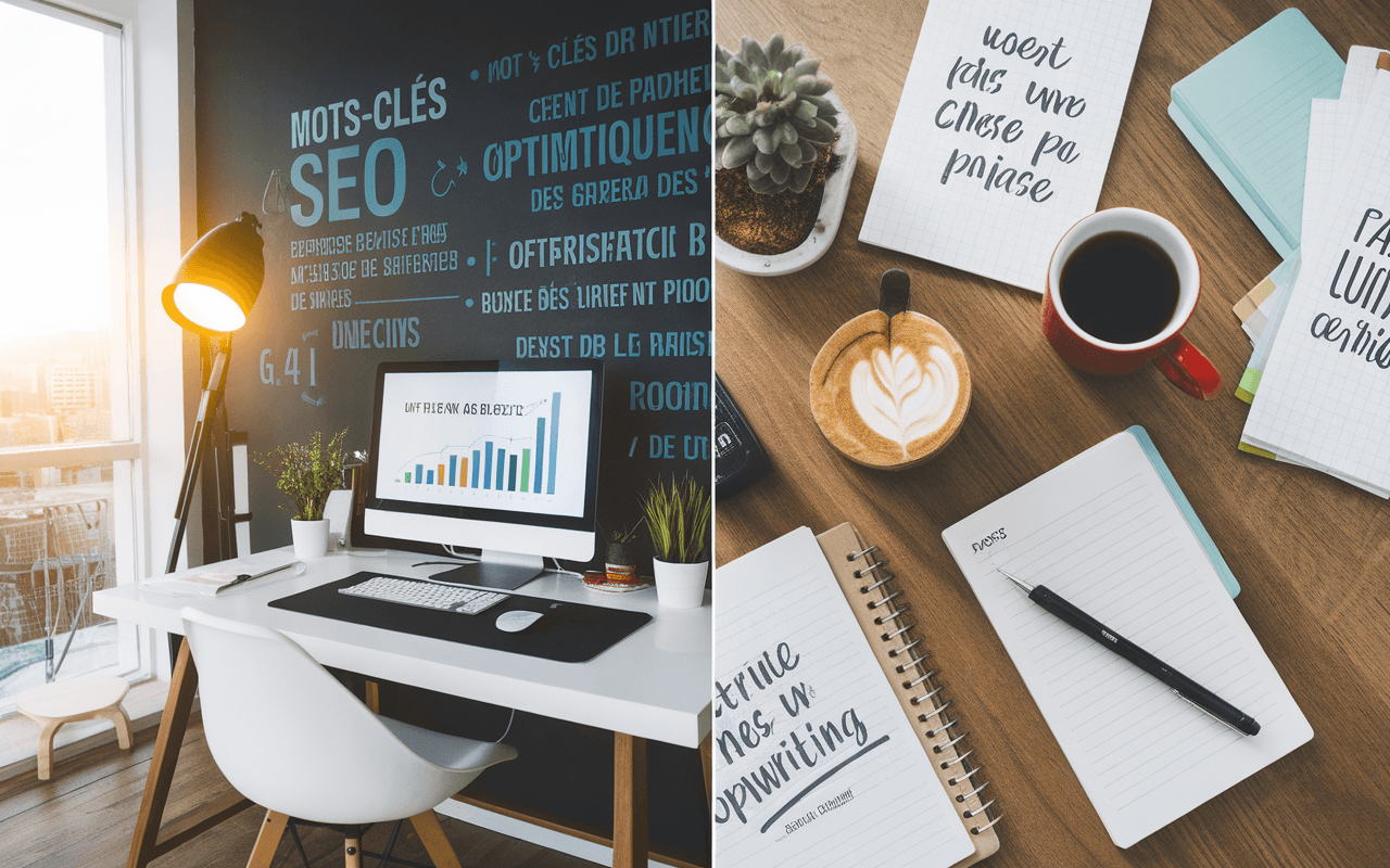 Bureau moderne illustrant la dualité du rédacteur SEO avec un côté dédié aux analyses SEO et un côté pour la créativité en rédaction, accentué par une ambiance lumineuse professionnelle.