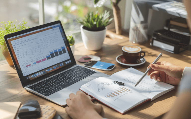 Bureau moderne d'un rédacteur SEO avec ordinateur affichant analyse SEO, carnet de notes à côté et café fumant, éclairé par lumière naturelle.