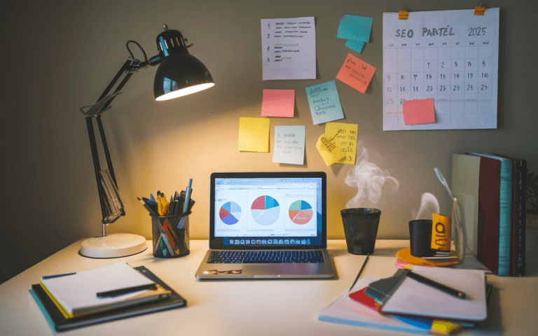 Bureau moderne avec ordinateur affichant des analyses, cahiers, stylos et café suggérant le travail stratégique du rédacteur web pour 2025.