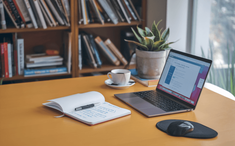 Scène de bureau moderne pour rédacteur SEO : ordinateur portable ouvert sur éditeur de texte, carnet avec notes, tasse de café fumante, bibliothèque floue en arrière-plan, éclairage naturel créant une atmosphère inspirante et professionnelle.