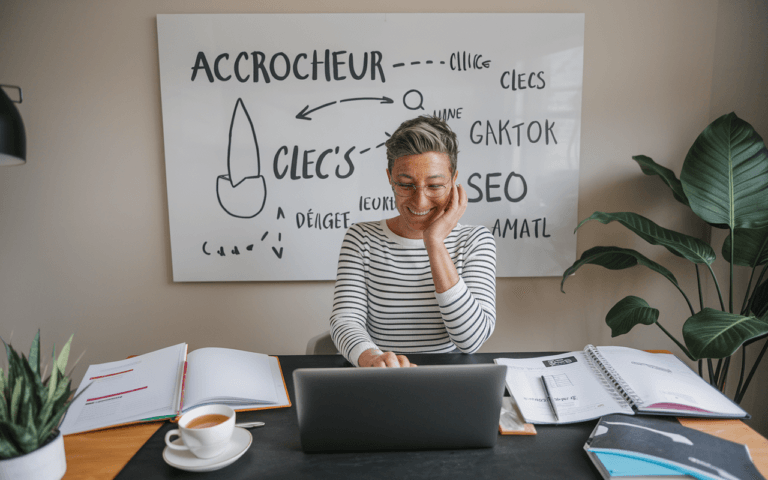 Image d'une personne inspirée rédigeant des titres accrocheurs sur un ordinateur portable, entourée de carnets et de mots clés SEO sur un tableau blanc.