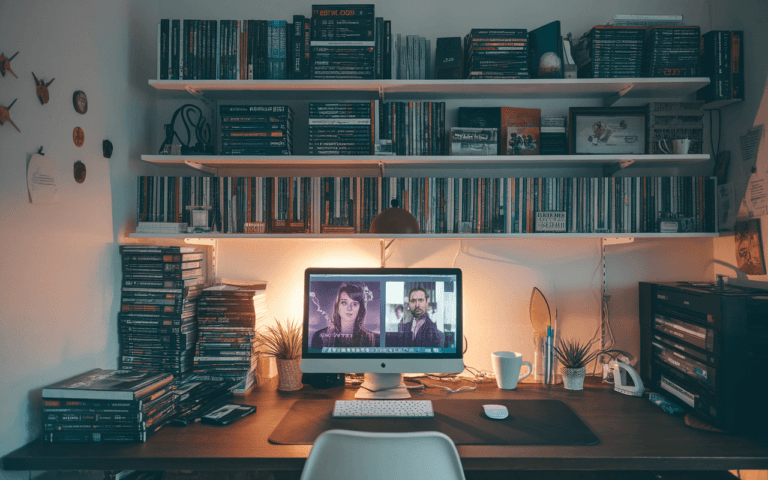 Bureau organisé pour créer un blog de série TV, avec ordinateur ouvert, café fumant, DVD de séries populaires et livres sur la critique télévisée.